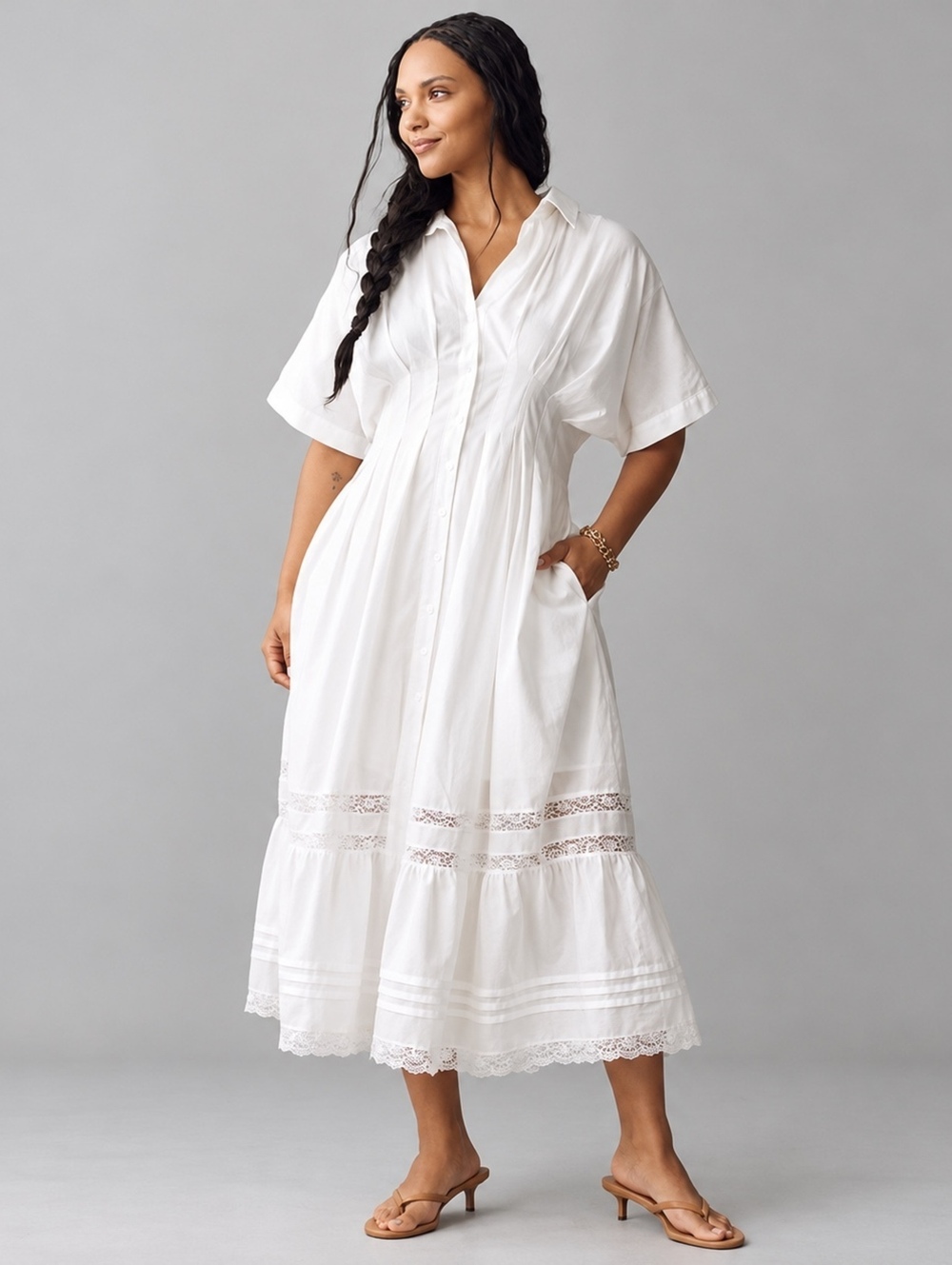 Exquise Tobie White Cotton Lace Trim Collared Midi Shirt Dress Small NWT